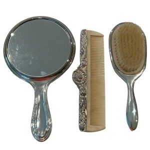 Vintage Hand Decorative Silver Plate Vanity Mirror Comb Brush Set (3 pcs)